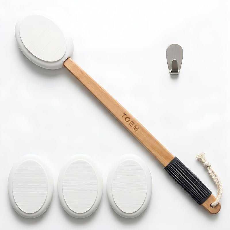 Back lotion applicator with long handle, four pads and hook