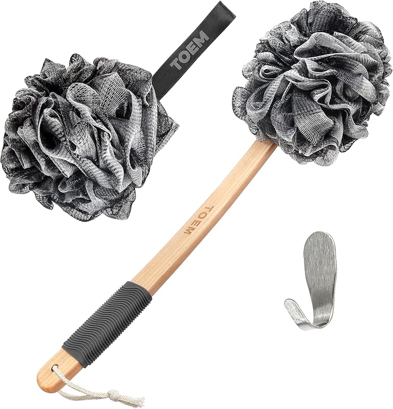 Slate Grey loofah back scrubber with bath pouf and hook